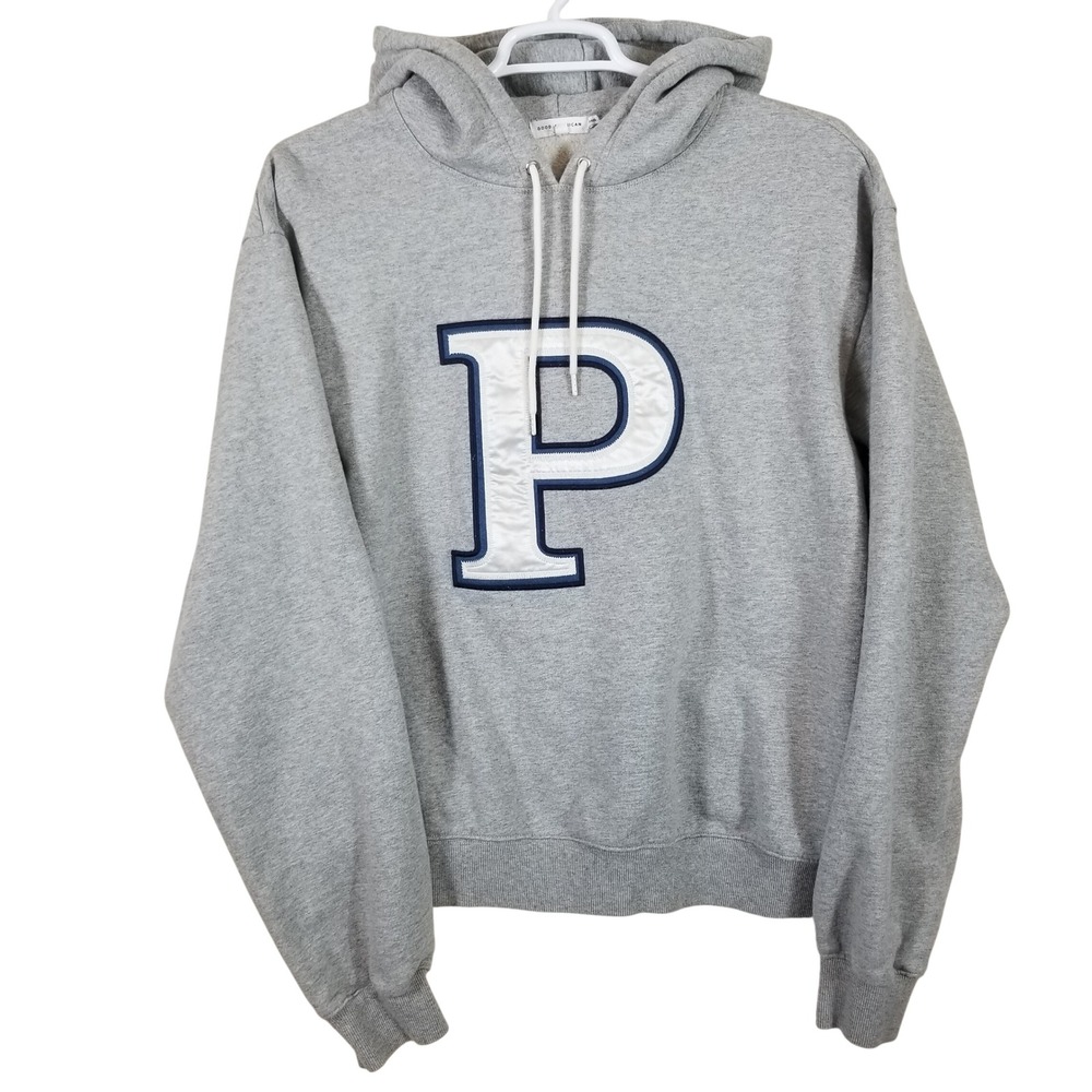 Good American Varsity Hoodie Heather Grey P Patch Pullover Sweatshirt Size 5 XL‎